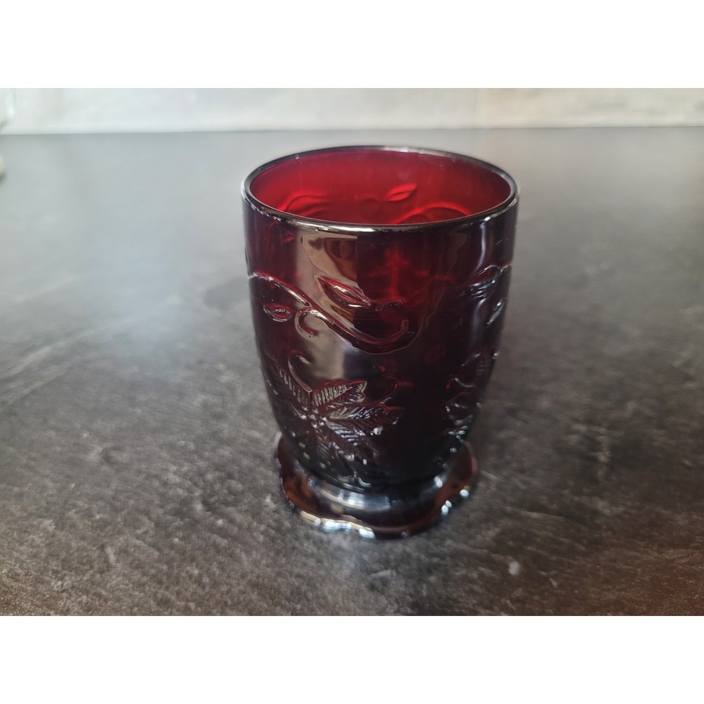 Vintage Ruby Red Glass Floral Embossed Toothpick Holder‎ Scalloped Base Cup